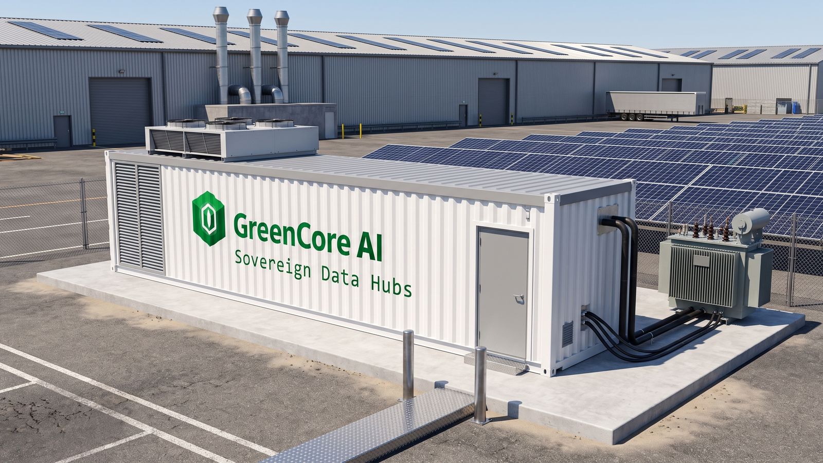 A white GreenCore AI container node on a concrete pad in the yard of a manufacturing plant, with the plant's own ground-mounted solar array behind it