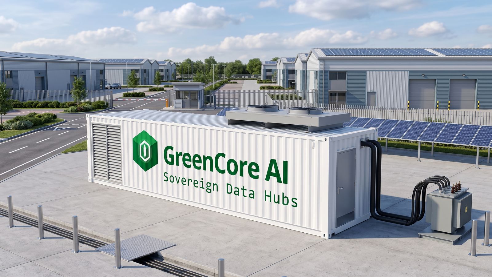 A white GreenCore AI container node on hardstanding inside an industrial estate, with rooftop and ground-mounted solar panels around it
