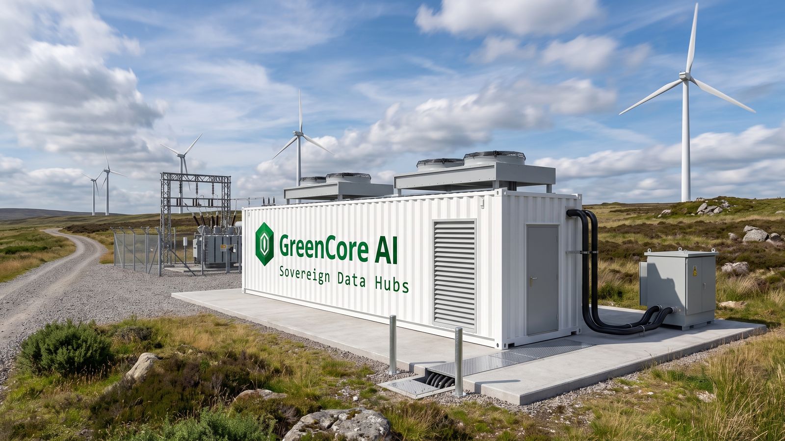 A white GreenCore AI container node beside the substation of an onshore wind farm, with turbines on the ridge behind