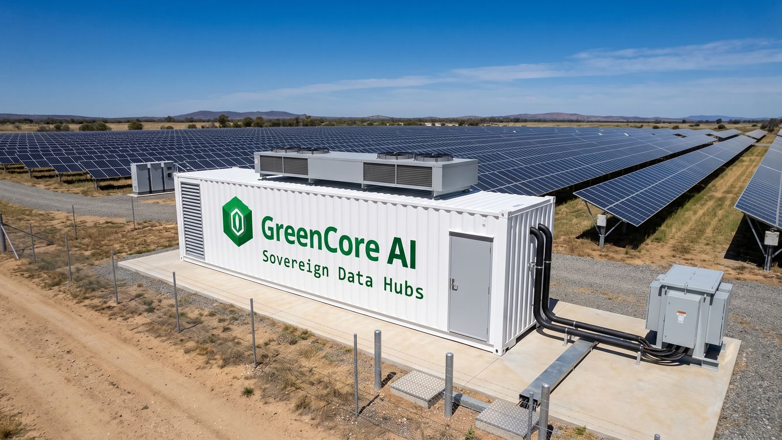 A white GreenCore AI container node at the edge of a utility-scale solar park, with rows of panels stretching to the horizon