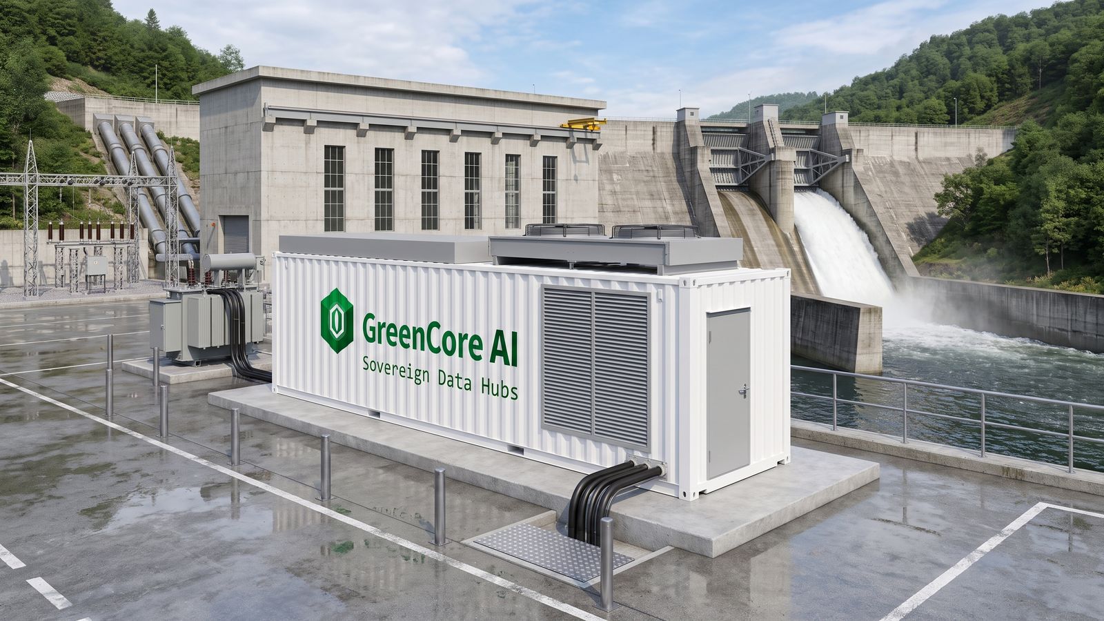A white GreenCore AI container node on the apron of a hydroelectric power station, beside the powerhouse and dam